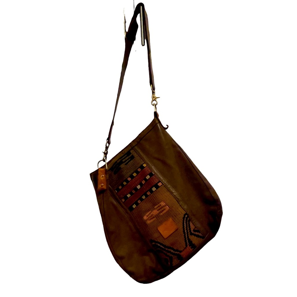 Pepper Place Design Brown Leather, Textile Tote, Brass Hardware, Snap Closure
